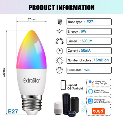 Ampoule Connectée EXTRASTAR E27 4.9W RGBW - Compatible Alexa Google Home, Télécommande, 16M De Couleurs