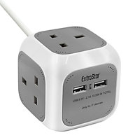 Extrastar EXTRASTAR Power Cube 4 Ways Sockets 2 x USB 5V 1.5m Grey 13A extension lead