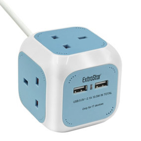 Extrastar EXTRASTAR Power Cube 4 Ways Sockets 2 x USB 5V 1.5m Light Blue 13A extension lead