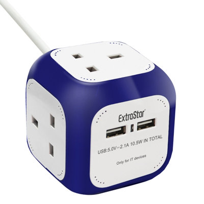 Extrastar EXTRASTAR Power Cube 4 Ways Sockets 2 x USB 5V 1.5m Navy Blue 13A extension lead