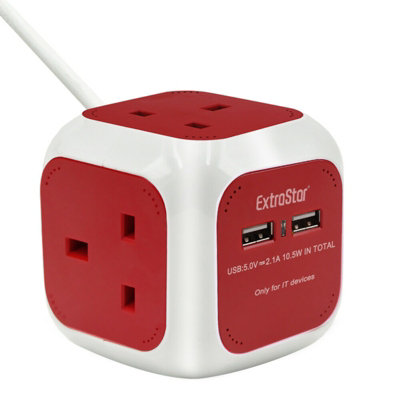 Extrastar EXTRASTAR Power Cube 4 Ways Sockets 2 x USB 5V 1.5m Red 13A ...