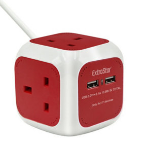 Extrastar EXTRASTAR Power Cube 4 Ways Sockets 2 x USB 5V 1.5m Red 13A extension lead