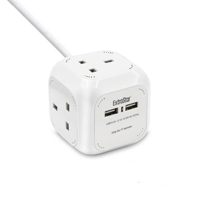 Extrastar EXTRASTAR Power Cube 4 Ways Sockets  2 x USB Charger 5V 1.5m, 13A extension lead