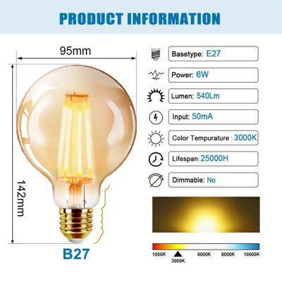 Extrastar G95 6W LED Ball Vintage Filament Light Bulb, Warm White