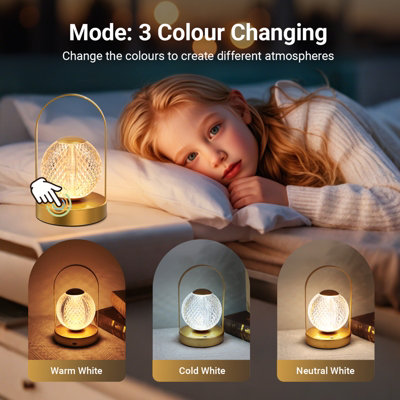 Extrastar LED Crystal Ball Table Lamp Rechargeable, 3 Colour Changing and Dimmable
