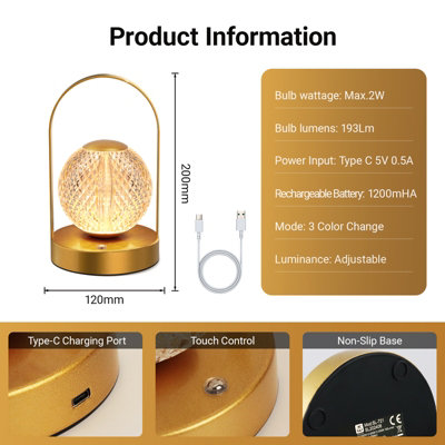 Extrastar LED Crystal Ball Table Lamp Rechargeable, 3 Colour Changing and Dimmable