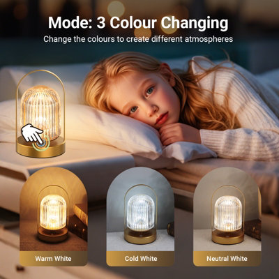 Extrastar LED Crystal Bell Table Lamp Rechargeable, 3 Colour Changing and Dimmable