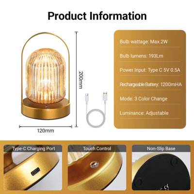 Extrastar LED Crystal Bell Table Lamp Rechargeable, 3 Colour Changing and Dimmable