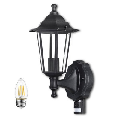 Extrastar Outdoor PIR Metal Wall Lantern Garden light Black IP44 (6W filament candle bulb included)