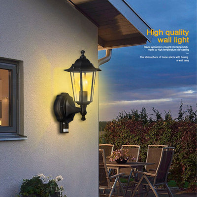 Extrastar Outdoor PIR Metal Wall Lantern Garden light Black IP44 (6W filament candle bulb included)