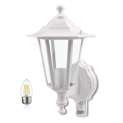 Extrastar Outdoor PIR Metal Wall Lantern Garden light White IP44 (6W filament candle bulb included)