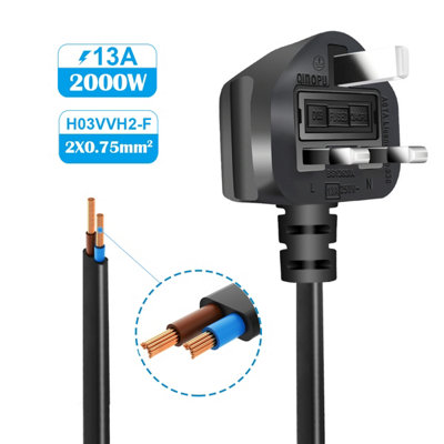 ExtraStar Power Cable UK Plug, Bare Ends Power Lead, 1.5M, Black, 2 core 0.75mm