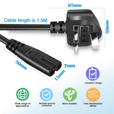 ExtraStar Power Cable UK Plug Male, IEC 60320 C7 1.5M, Black, 2 core 0.75mm