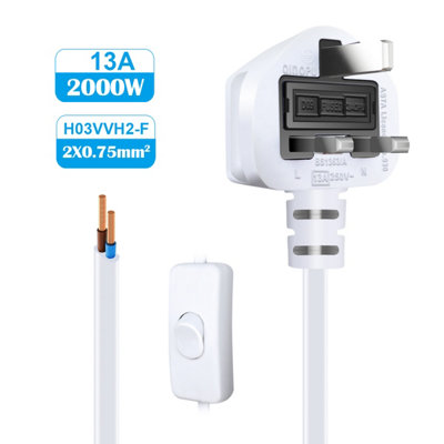 ExtraStar Power Cable UK Plug With Switch, Bare Ends Power Lead 1.5M, White, 2 core 0.75mm