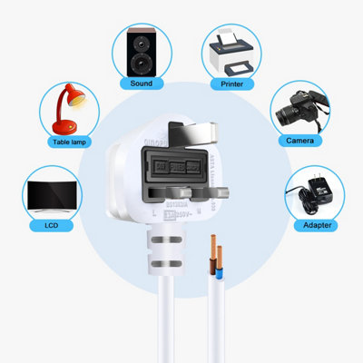 ExtraStar Power Cable UK Plug With Switch, Bare Ends Power Lead 1.5M, White, 2 core 0.75mm