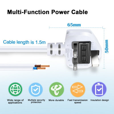 ExtraStar Power Cable UK Plug With Switch, Bare Ends Power Lead 1.5M, White, 2 core 0.75mm