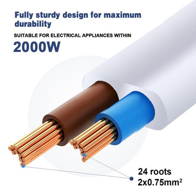 ExtraStar Power Cable UK Plug With Switch, Bare Ends Power Lead 1.5M, White, 2 core 0.75mm