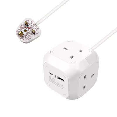 ExtraStar Rubik 4 Way Cube Extension Lead with 1 USB A and 1 USB C Port, 1.5m, White