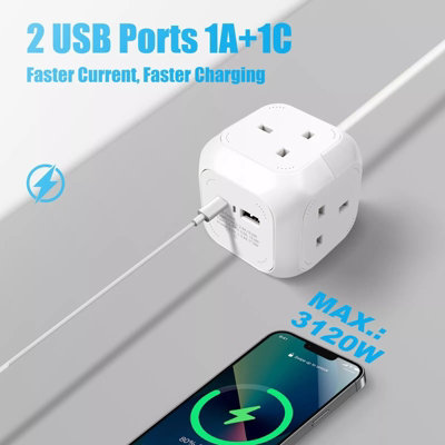 ExtraStar Rubik 4 Way Cube Extension Lead with 1 USB A and 1 USB C Port, 1.5m, White