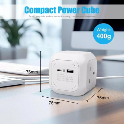 ExtraStar Rubik 4 Way Cube Extension Lead with 1 USB A and 1 USB C Port, 1.5m, White
