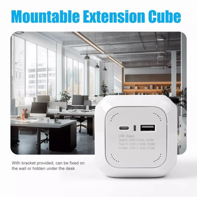 ExtraStar Rubik 4 Way Cube Extension Lead with 1 USB A and 1 USB C Port, 1.5m, White