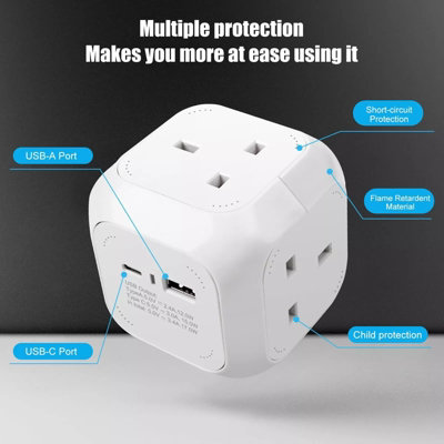 ExtraStar Rubik 4 Way Cube Extension Lead with 1 USB A and 1 USB C Port, 1.5m, White