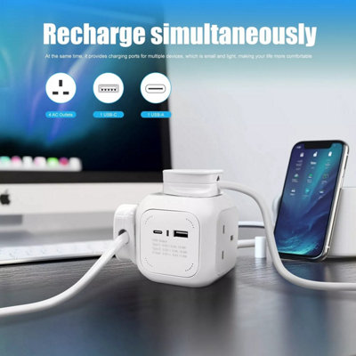 ExtraStar Rubik 4 Way Cube Extension Lead with 1 USB A and 1 USB C Port, 1.5m, White
