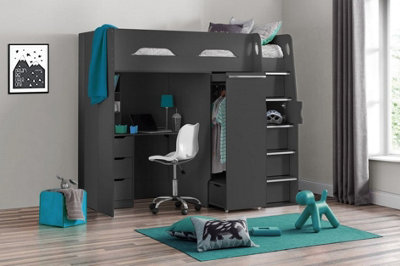 A black cabin bed with a desk and wardrobe located beneath a single bed.