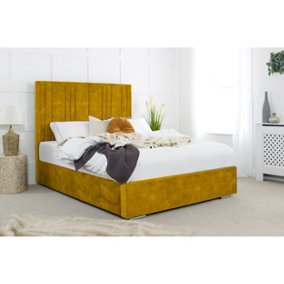 Fabio Plush Bed Frame With Lined Headboard - Mustard Gold