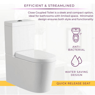 Fable White Ceramic Close Coupled Toilet with Anti Bacterial Glaze & Soft Close Seat - 6