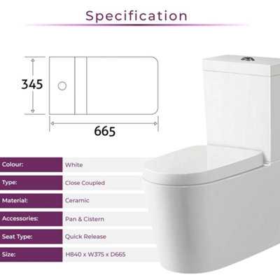 Fable White Ceramic Close Coupled Toilet with Anti Bacterial Glaze & Soft Close Seat - 7