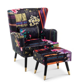 Fabric Black Patchwork Accent Wingback Chair with Footstool