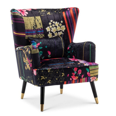 Fabric Black Patchwork Accent Wingback Chair with Footstool