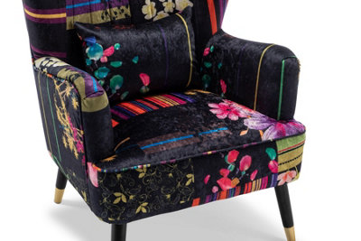 Fabric Black Patchwork Accent Wingback Chair with Footstool