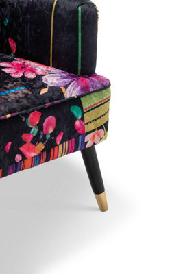 Fabric Black Patchwork Accent Wingback Chair with Footstool