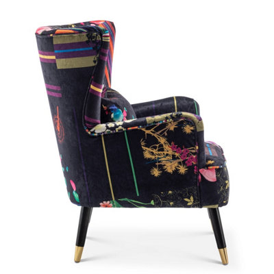 Fabric Black Patchwork Accent Wingback Chair with Footstool
