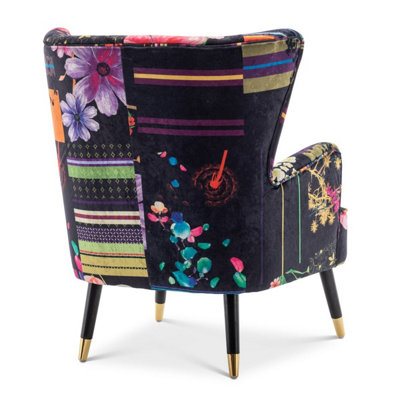 Fabric Black Patchwork Accent Wingback Chair with Footstool