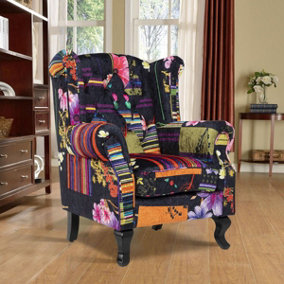 Fabric Black Patchwork Chesterfield Wingback Chair