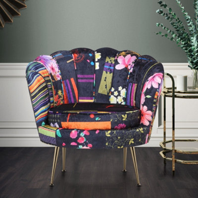 Fabric Black Patchwork Daisy Accent Chair