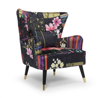贈り物 Fabric Black Patchwork Victoria Accent Wingback Chair 版画