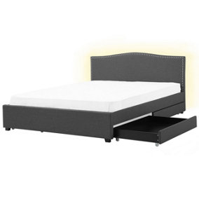 Fabric EU Super King Bed White LED with Storage Grey MONTPELLIER