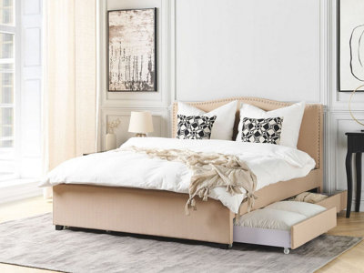 Fabric EU Super King Bed with Storage Beige MONTPELLIER