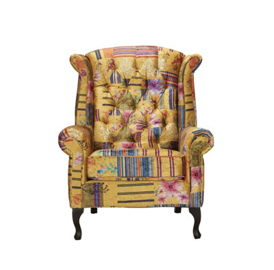 Fabric Gold Patchwork Chesterfield Avici Scroll Wingback Chair