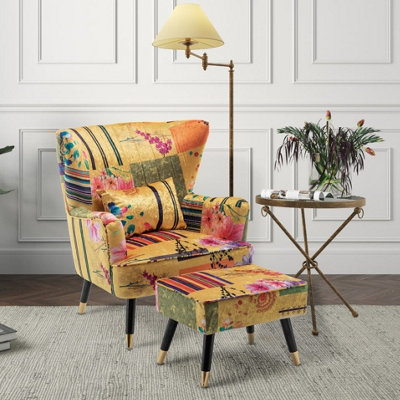 Fabric Gold Patchwork Victoria Accent Wingback Chair with Footstool