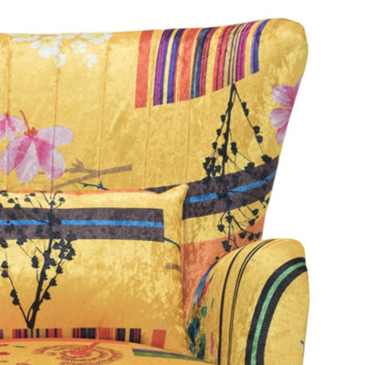 Fabric Gold Patchwork Victoria Accent Wingback Chair