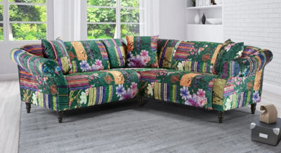 Fabric Green Patchwork Corner Sofa 2C2 Seater