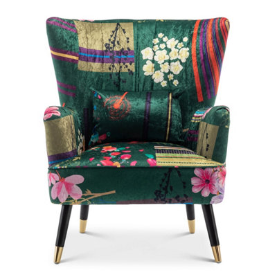 Fabric Green Patchwork Victoria Accent Wingback Chair with Footstool