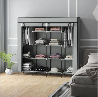 Fabric Wardrobe w 12 Shelves 2 Hanging Rails Foldable Closets