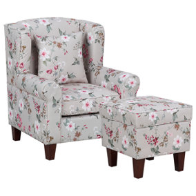 Fabric Wingback Chair with Footstool Floral Pattern Cream HAMAR