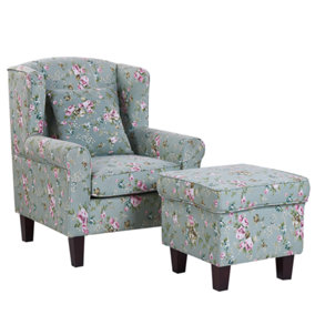 Fabric Wingback Chair with Footstool Floral Pattern Green HAMAR